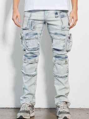 Light Blue Cargo Denim Jeans for Men